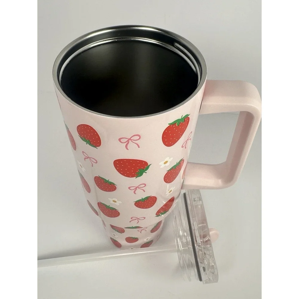 Strawberry Bow Tumbler 40oz Pink Travel Mug Handle Lid Market Square Cute